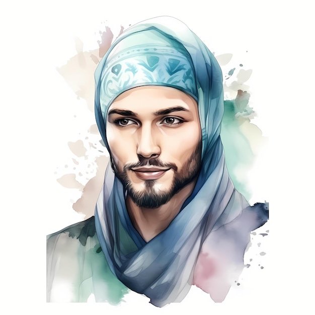 Zdjęcie piękny arabski muzułmanin portret akwarela clipart