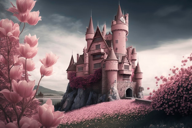Piękny bajkowy różowy zamek z kwiatami