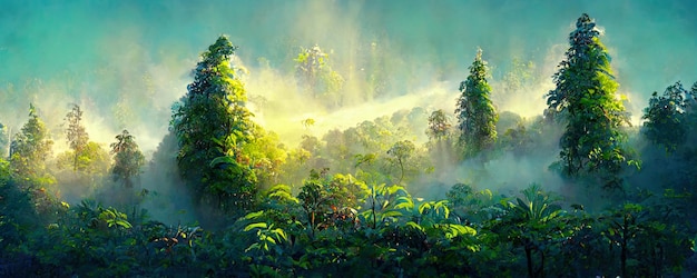 Piękny bajkowy zaczarowany las deszczowy z promieniami słońca Digital Painting Background Illustration