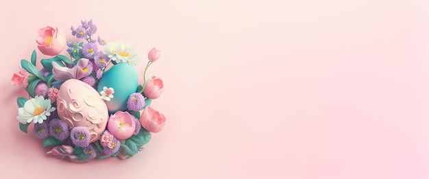 Piękny baner z kwiatami pisanek i miejsca na kopię Tło wielkanocne Puste miejsce na tekst reklamowy logo zaproszenia Pocztówka projekt karty z pozdrowieniami Pascha Wesołych Świąt Wielkanocnych Generative AI