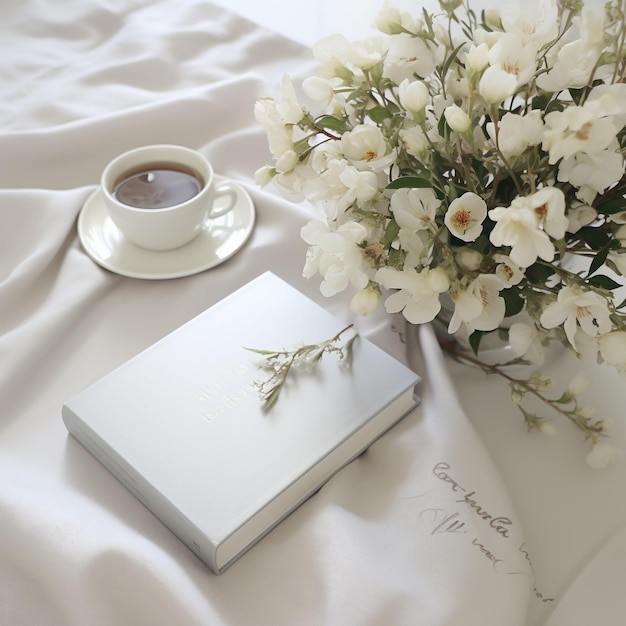 Piękny biały dziennik na stoliku z kwiatami.