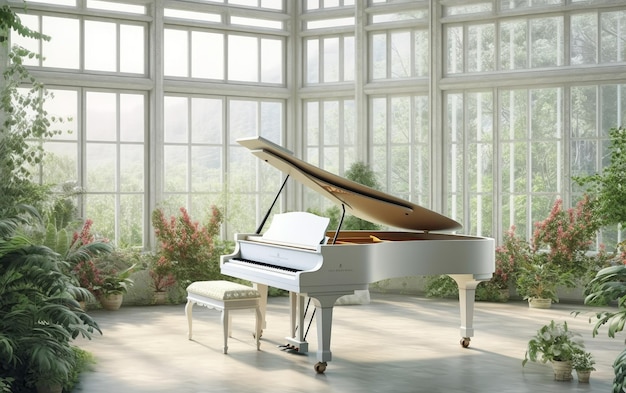 Piękny biały fortepian w pokoju z roślinami