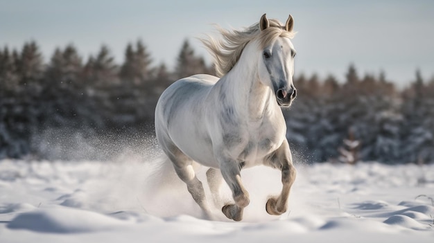 Piękny biały koń galopujący w generatywnym śniegu