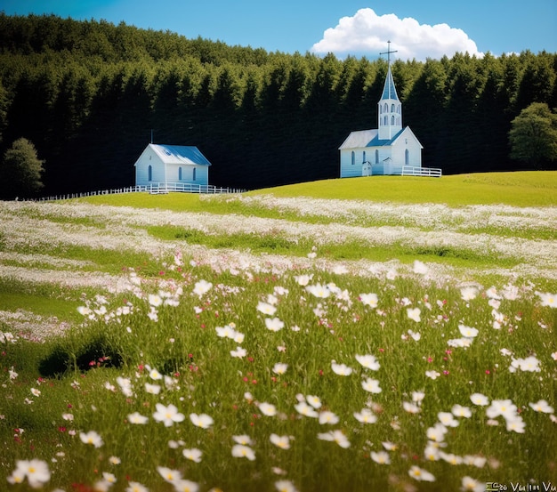piękny biały kościół i kwiaty na polu