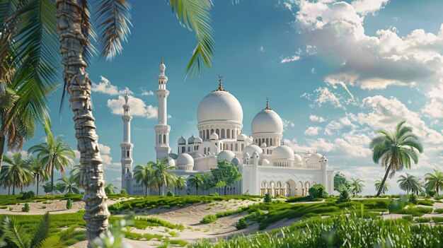Zdjęcie piękny biały meczet na pustyni ramadan tło ai generative