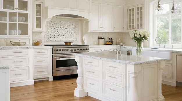 Piękny, biały projekt wnętrza kuchni