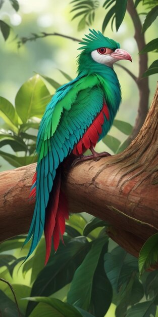 Piękny błyszczący quetzal ptak na brunch drzewa Las Tło Ai generowane