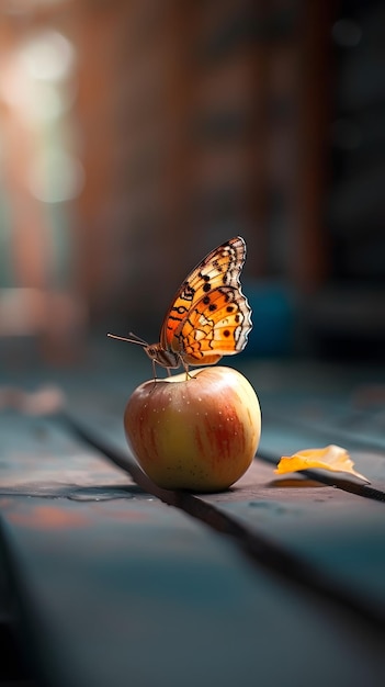 Piękny boczny motyl na jabłku