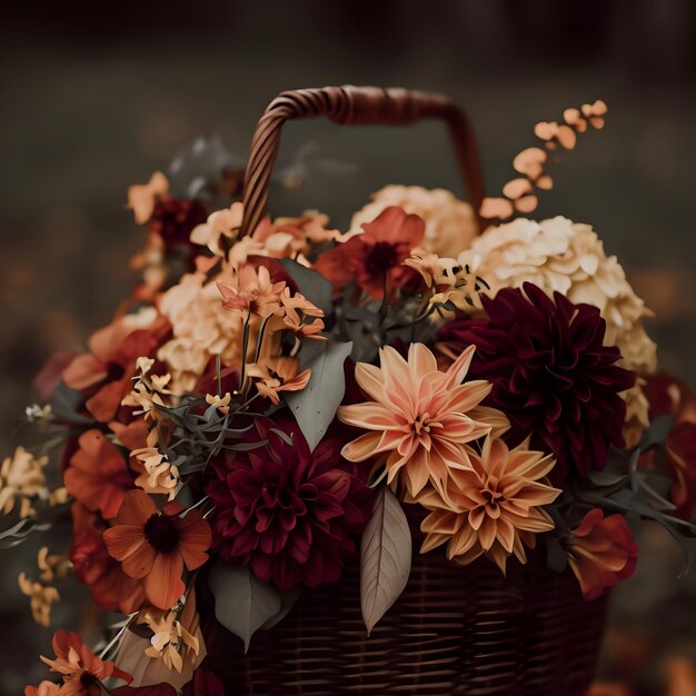Zdjęcie piękny bukiet jesiennych kwiatów w koszyku z wiklonu na niewyraźnym tle rustykalnej dekoracji