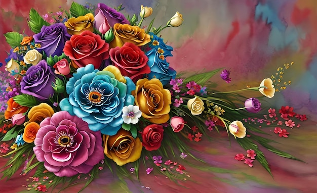 Piękny bukiet kwiatów o żywych kolorach i marzycielskim akwarelowym tle