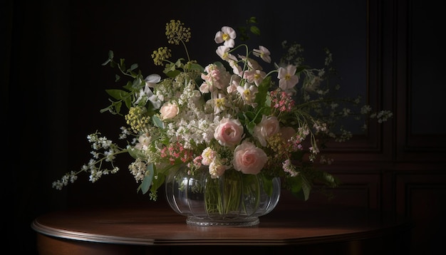 Piękny bukiet kwiatów ozdabia rustykalny drewniany stół wygenerowany przez sztuczną inteligencję