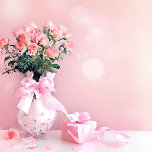Piękny bukiet kwiatów różowe róże w wazonie i pudełku podarunkowym z satynowym łukiem na pastelowo różowym tle
