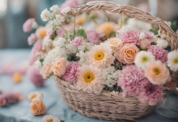 Piękny bukiet kwiatów w wiklinowym koszu na stole