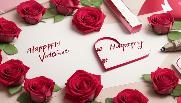 Piękny bukiet róż obok listu z tekstem "HAPPY VALENTINES DAY"