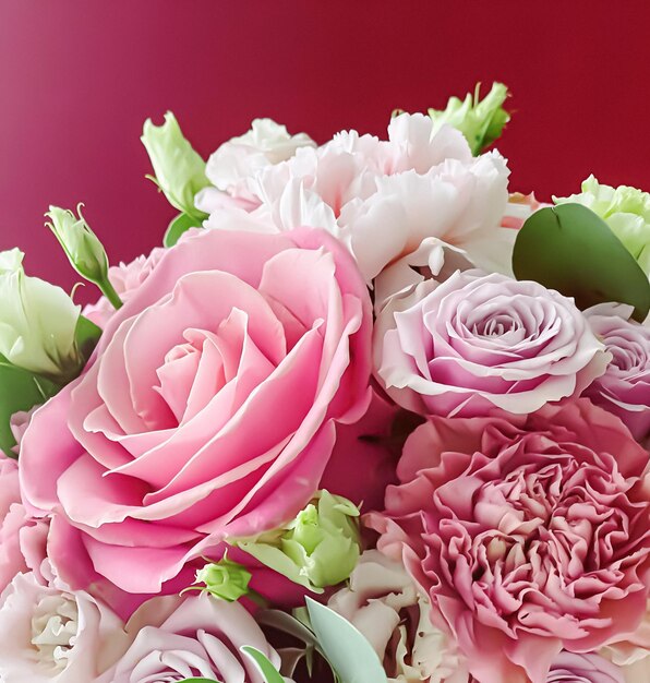 Piękny bukiet różowych kwitnących kwiatów jako prezent świąteczny luksusowy kwiatowy wzór