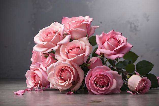 Piękny bukiet różowych róż na betonowym tle