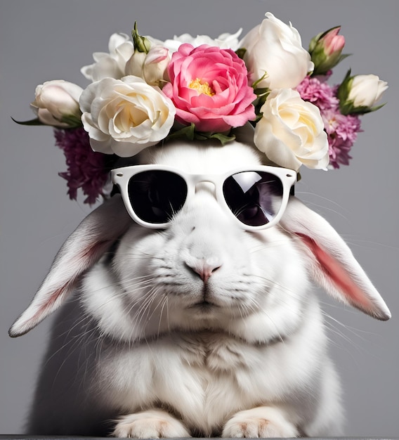 Piękny chłodny biały portret królika w okularach przeciwsłonecznych z kwiatami na głowie