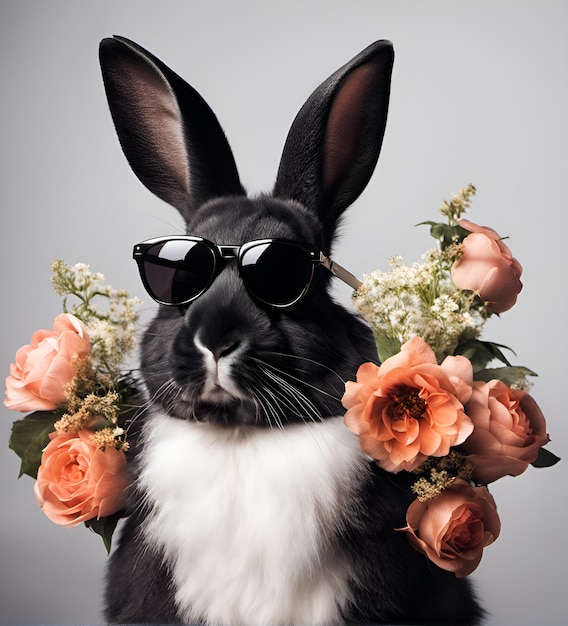Piękny, chłodny portret czarnego królika w okularach przeciwsłonecznych z kwiatami
