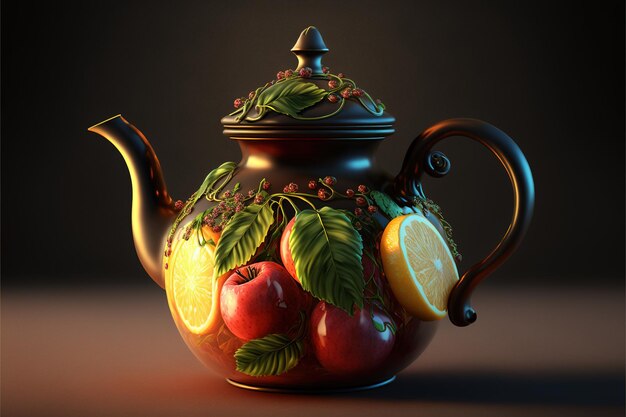 Piękny czajnik do herbaty Wolumetryczny wzór owoców jagody owoce cytrusowe Renderowanie 3D AI generowane