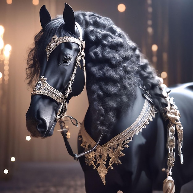 Piękny czarny koń ze złotymi kolczykami Luksusowy czarny koń