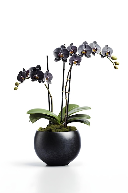 Piękny czarny storczykowy kwiat w ceramicznym garnku na białym tle