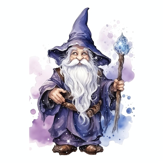 Piękny Czarodziej Gnom Akwarela Magiczny świat Fantasy Clipart Ilustracja