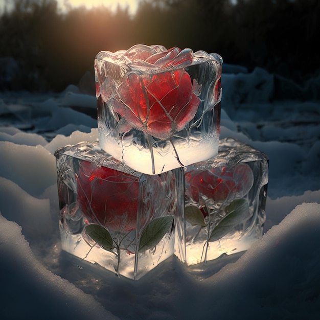 Piękny czerwony kwiat róży uwięziony blok lodu zdjęcia AI wygenerowany obraz