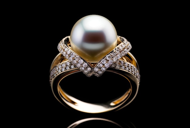 Piękny diamentowy złoty pierścionek z lśniącą perłą w kształcie kuli wyeksponowany na stojaku