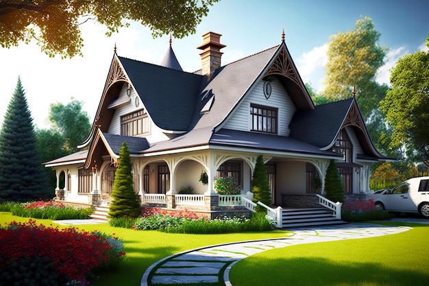 Piękny dom mieszkalny z trójkątnym dachem werandy i trawnikiem w stylu amerykańskim na zewnątrz domu