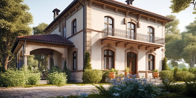 Piękny dom w klasycznym europejskim stylu architektonicznym z bocznym tarasem