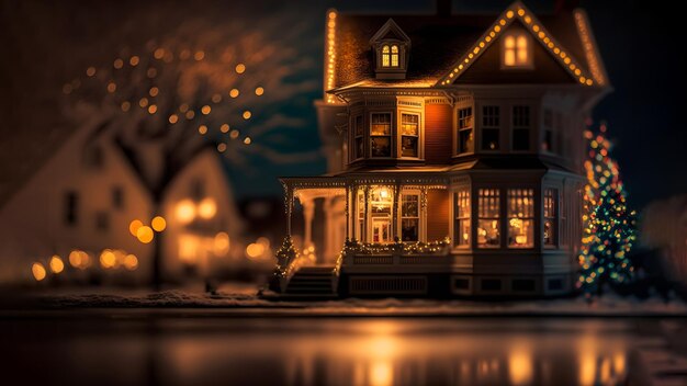 Piękny dom w nocy z lampkami bożonarodzeniowymi o wysokim kontraście i sztuką generowaną przez sieć neuronową bokeh