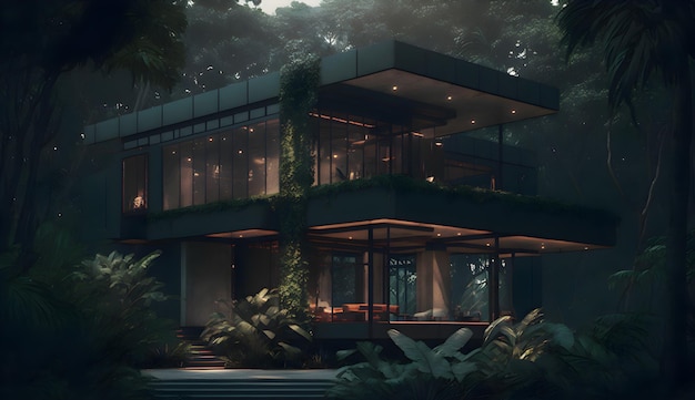 Piękny dom w stylu tropikalnego modernizmu w generatywnym lesie ai Piękny dom w stylu tropikalnego modernizmu w generatywnym lesie ai