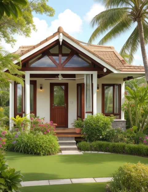 Piękny dom w tropikalnym ogrodzie z zieloną trawą i palmami