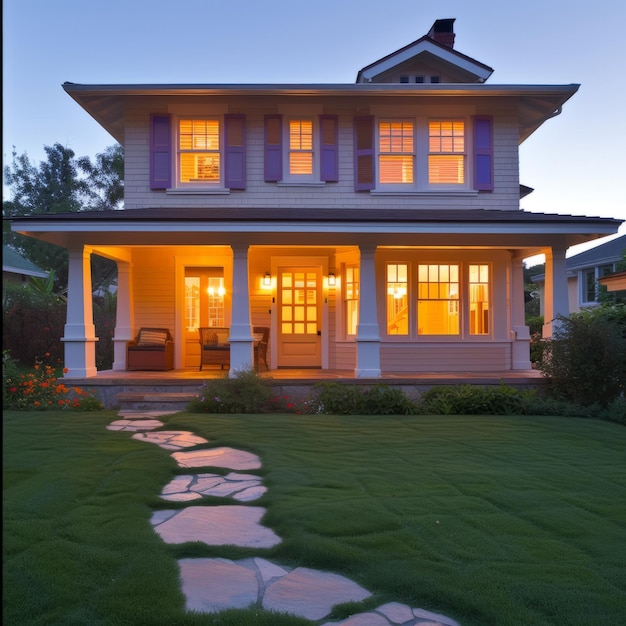 Piękny dom z trawnikiem i kamienną ścieżką.
