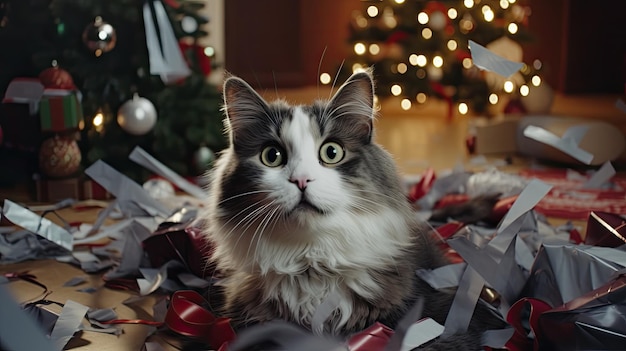 Piękny domowy kot siedzi w pobliżu choinki bożonarodzeniowej i na stosie rozerwanych prezentów i chaotycznie rozrzuconych gałęzi i noworocznych dekoracji