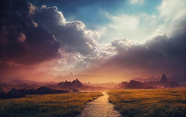 Piękny dramatyczny tajemniczy krajobraz z duchową ścieżką do nieba Cyfrowa ilustracja 3D