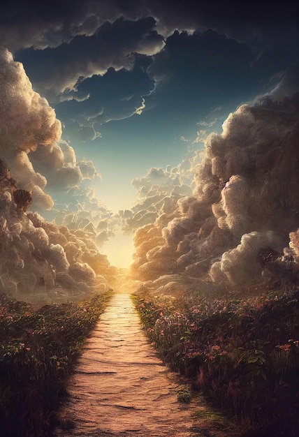 Piękny dramatyczny tajemniczy krajobraz z duchową ścieżką do nieba Cyfrowa ilustracja 3D
