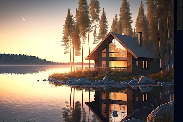 Piękny drewniany dom nad jeziorem wieczorem na zewnątrz domu w stylu skandynawskim