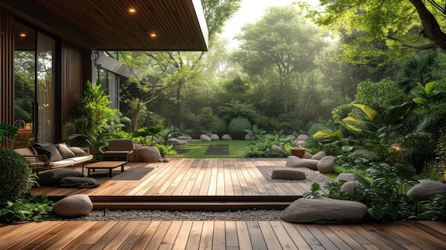 Piękny drewniany taras otoczony zielenią jest wspaniałym miejscem do spędzenia ciepłego letniego dnia.