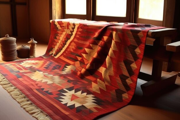 Piękny dywan kilim z tradycyjnymi technikami tkania stworzony za pomocą generatywnej sztucznej inteligencji