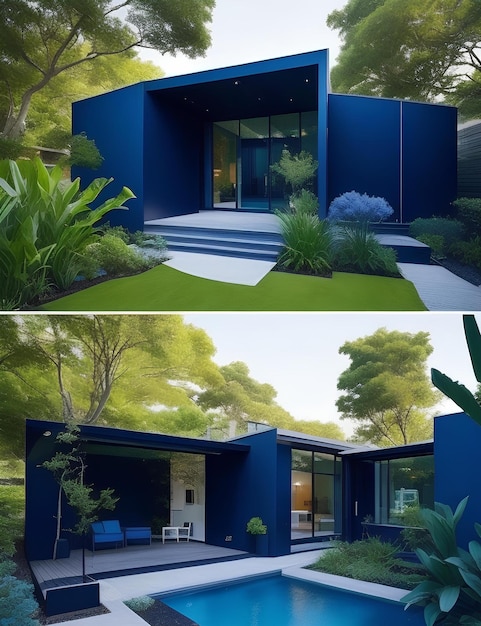 Piękny ekologiczny dom w formie minimalistycznego modelu i ciemno niebieskiego koloru