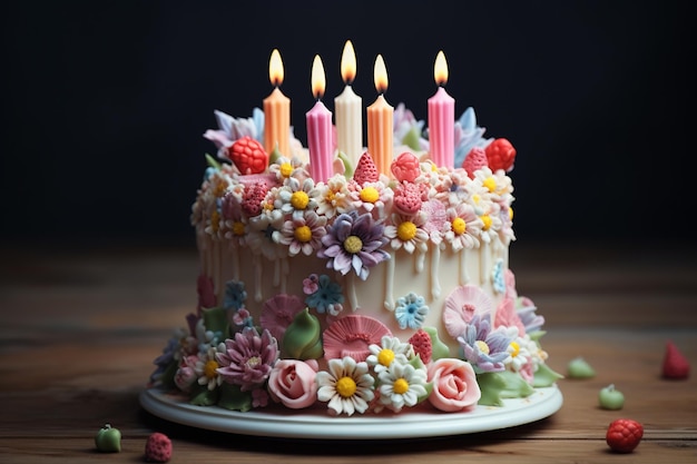 Piękny elegancki tort urodzinowy z kwiatami i świecami Generatywna sztuczna inteligencja
