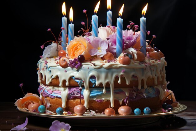 Piękny elegancki tort urodzinowy z kwiatami i świecami Generatywna sztuczna inteligencja