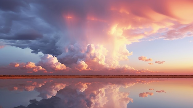 Piękny estetyczny krajobraz przyrody z chmurami Cumulus na niebie i widokiem na jezioro w ciągu dnia