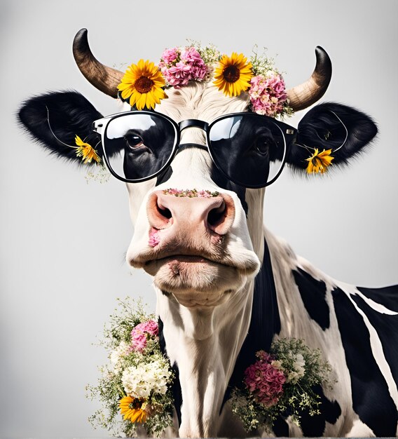 Zdjęcie piękny fajny portret krowy w okularach przeciwsłonecznych z kwiatami na głowie