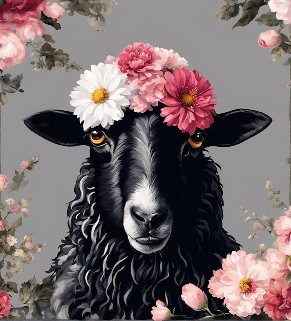 Piękny fajny portret owcy z kwiatami na głowie