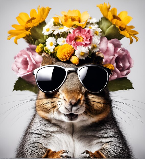 Piękny fajny portret wiewiórki w okularach przeciwsłonecznych z kwiatami na głowie
