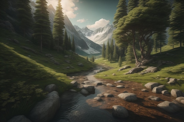 Piękny fantasy krajobraz z rzeką w górach ai generatywny