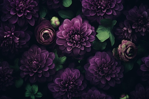 Zdjęcie piękny fioletowy kwiatowy wzór na zielonym tle