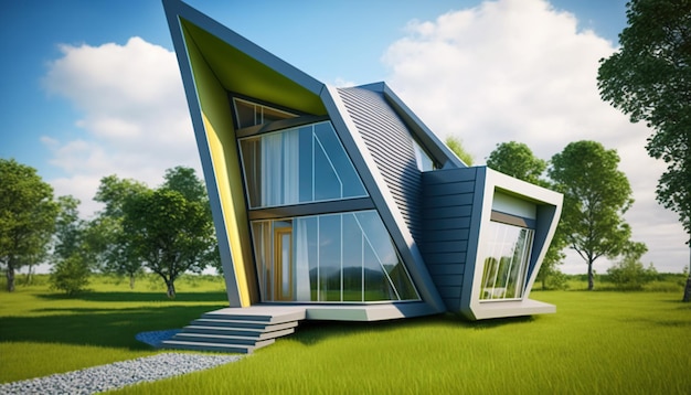 Piękny futurystyczny dom błękitne niebo z zieloną trawą Generative AI